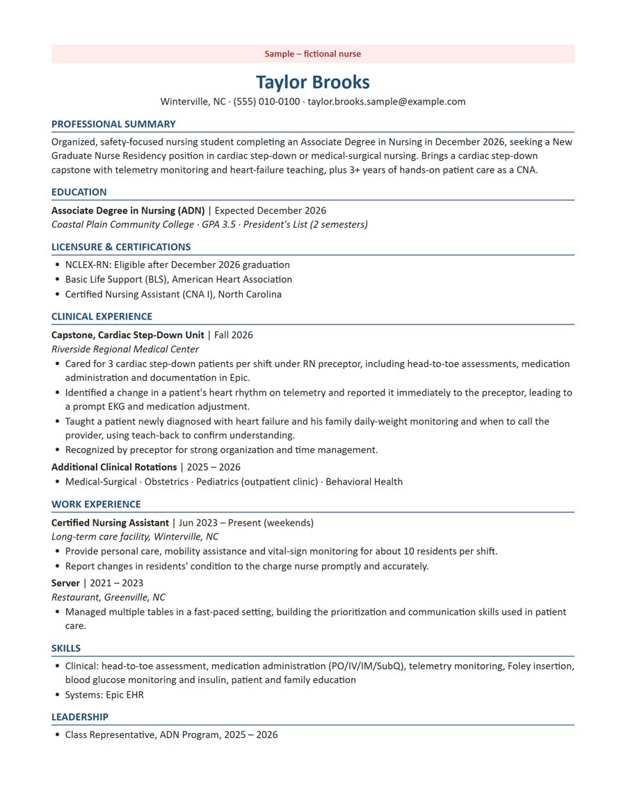 Sample new-grad nurse resume for a fictional nurse, Taylor Brooks